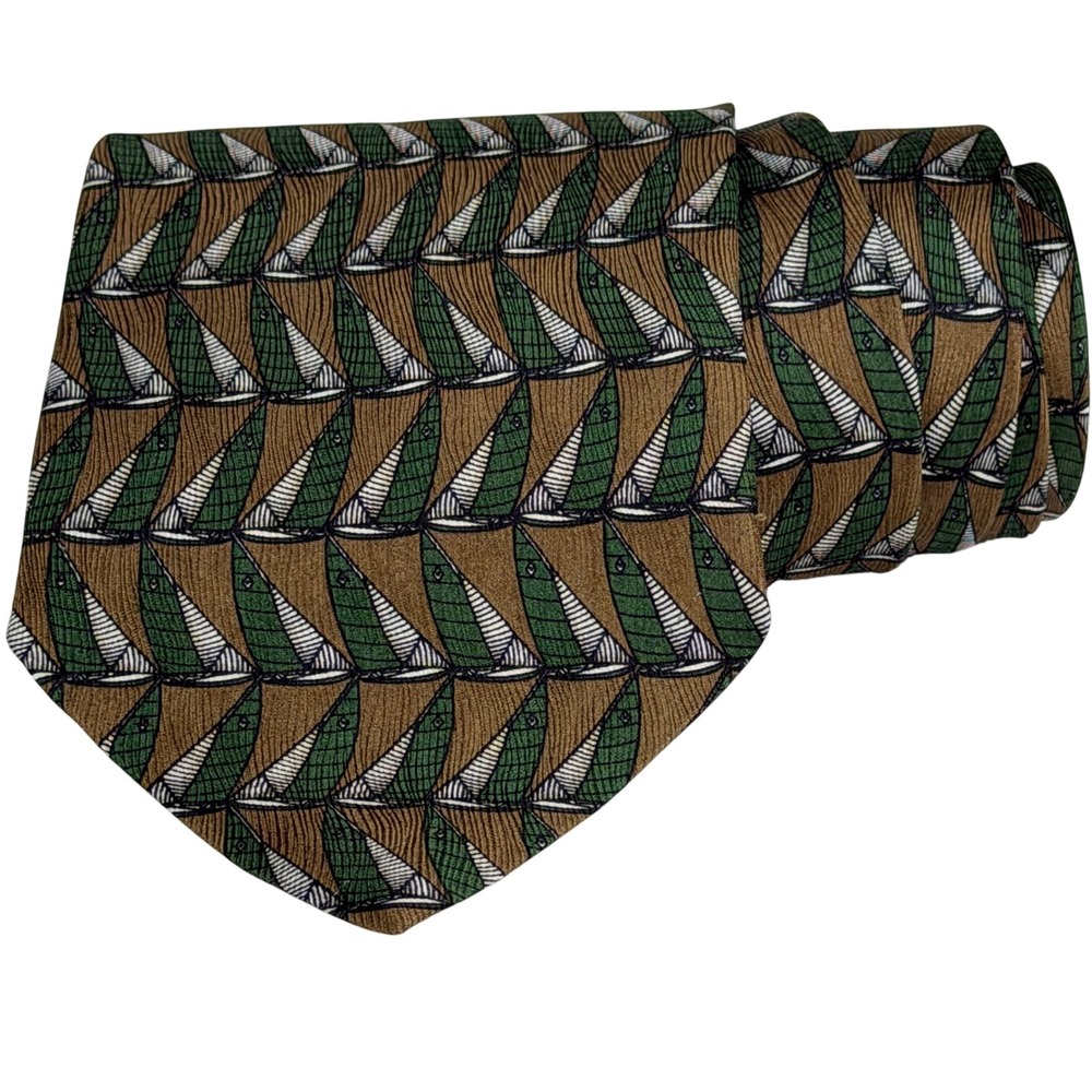 Ermenegildo Zegna Vintage Silk Tie Green Sailboat Nautical Italy 56 x 4